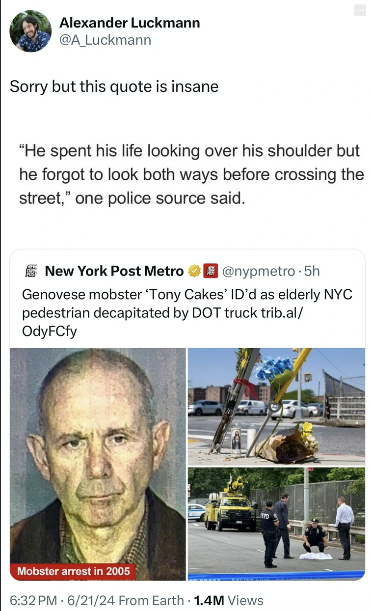 Gangster - Alexander Luckmann Sorry but this quote is insane "He spent his life looking over his shoulder but he forgot to look both ways before crossing the street," one police source said. New York Post Metro .5h Genovese mobster 'Tony Cakes' Id'd as el
